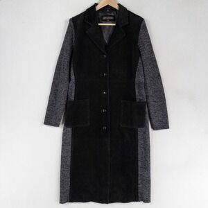 Rem Garson Duster Coat Womens Medium Black Leather Gray Knit Contrast Longline
